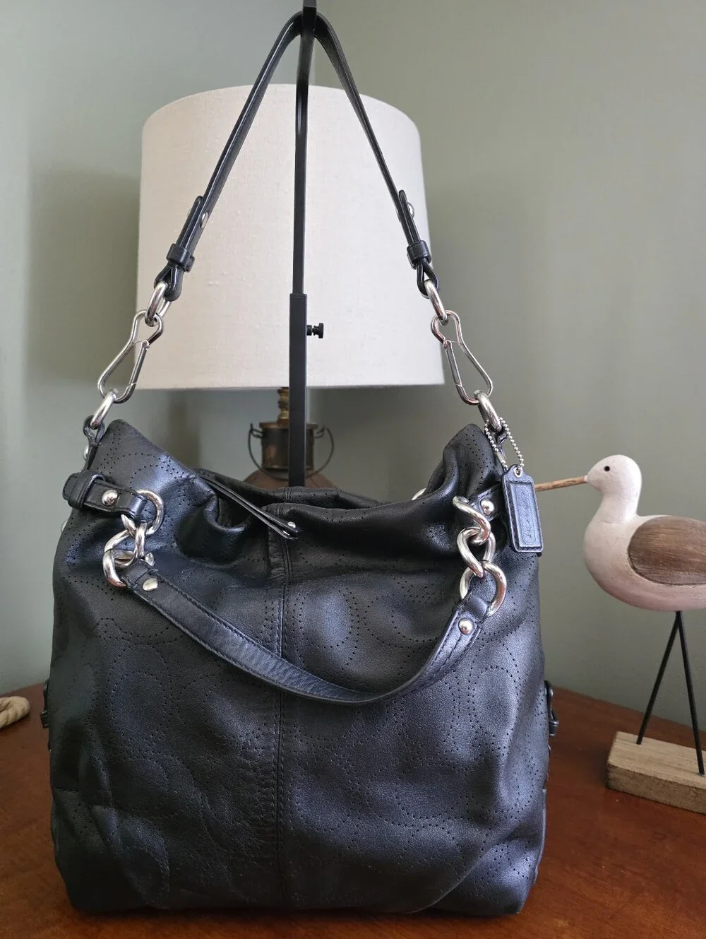 Coach F16908 Brooke Convertible Duffle Black Signature Perforated Leather Bag